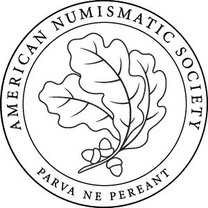 A black and white image of the american numismatic society logo.